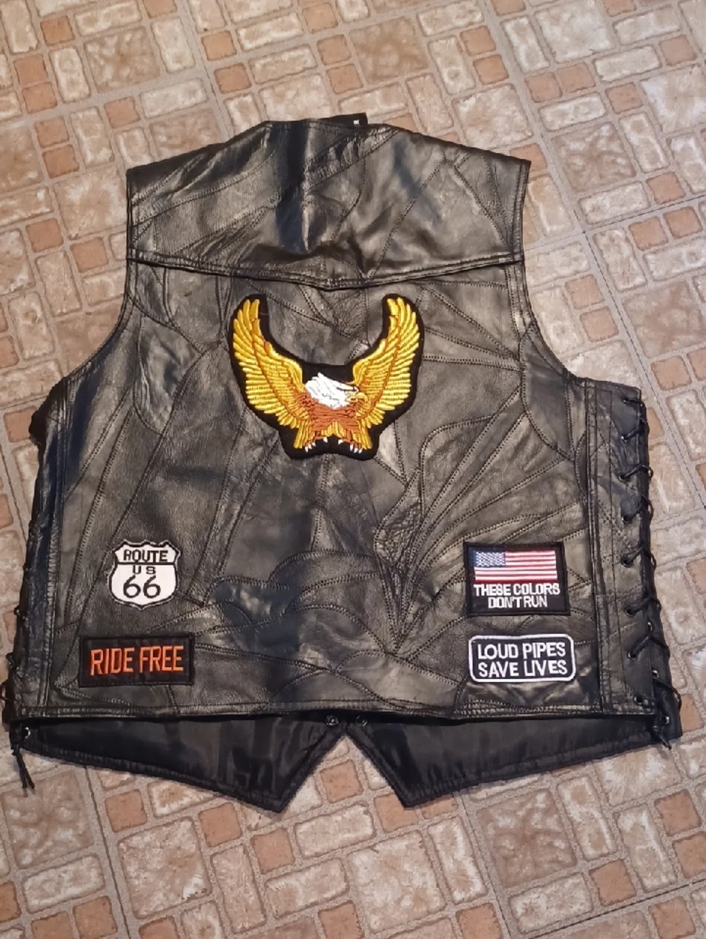 Rebel Rider Men’s Black Leather Patch Biker Vest Size Xlarge
